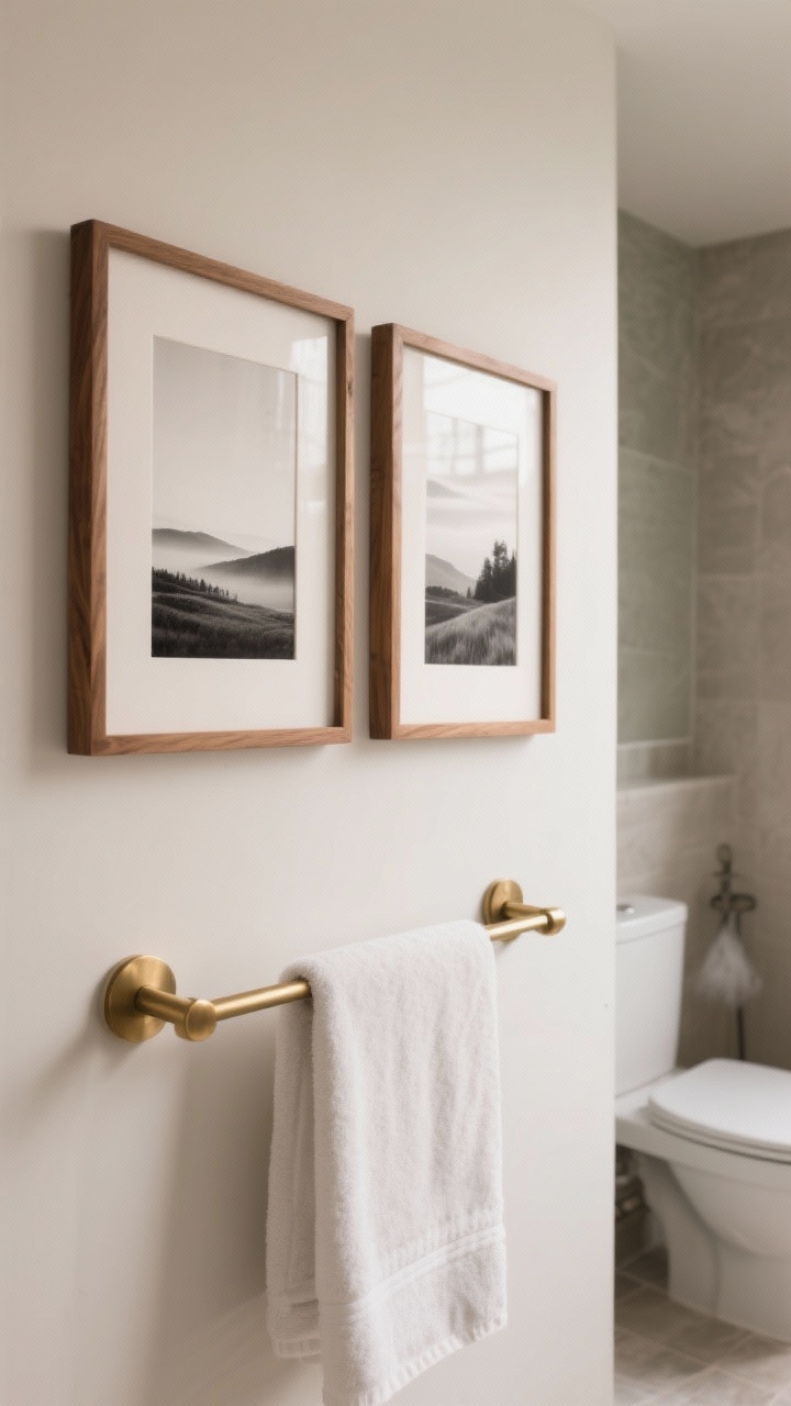 Photorealistic straight-on view of curated calming art: two medium frames with warm wood and brass finishes over a towel bar, featuring a soft landscape and monochrome photograph; small gallery arrangement above a toilet in the background; sealed frames suitable for steam, harmonious neutral palette.