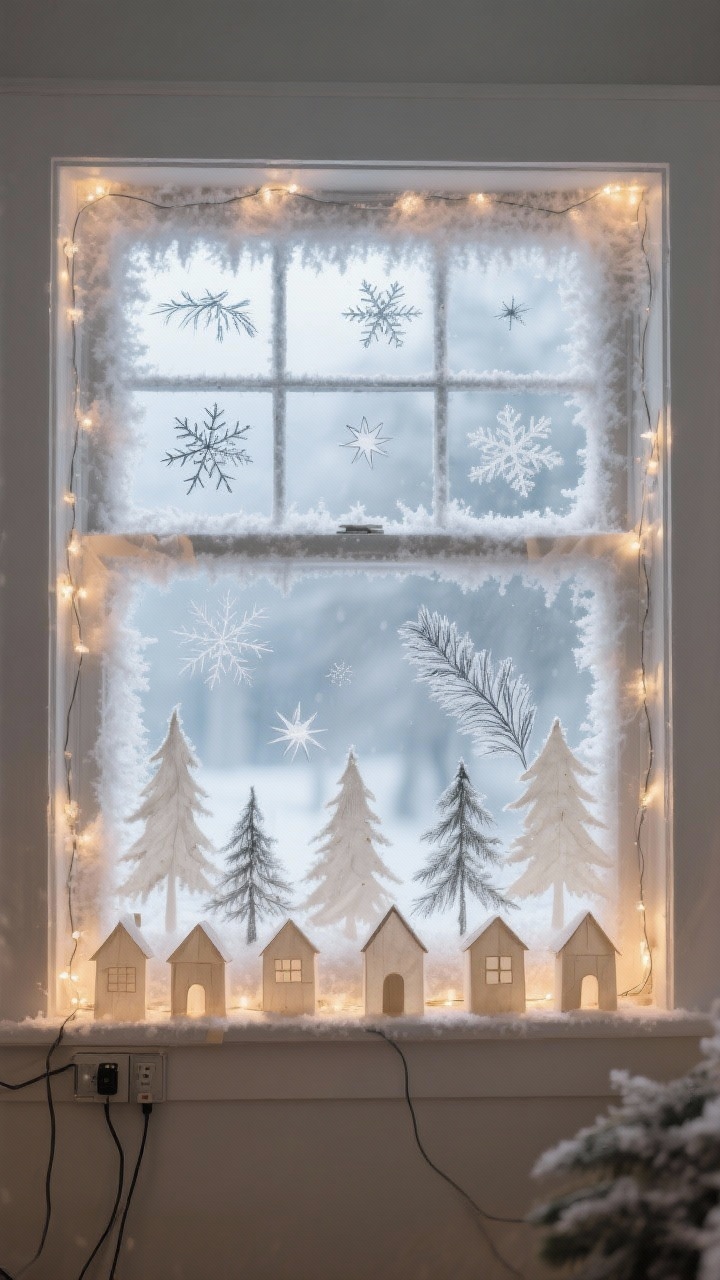 Photorealistic straight-on window scene: frosty Epsom-salt crystal edges sprayed around the glass, delicate chalk-pen snowflakes and starbursts with a few pine-branch sketches, a row of vellum-cut trees and tiny houses taped along the bottom; backlit with warm string lights creating a dreamy silhouette from inside and out; cords/battery pack discreet and dry
