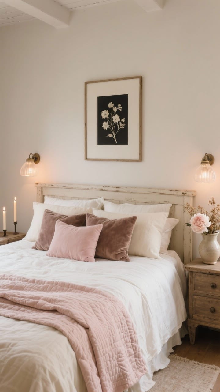 Photorealistic wide bedroom shot emphasizing texture and warm light: ivory/oatmeal linen sheets on a simple farmhouse bed, a blush quilt folded at the foot, cream euro shams with dusty rose and taupe velvet throw pillows layered in front, battery-operated taper candles on bedside sconces or frosted glass lamps casting dim, warm lighting; above the bed, a framed black-and-white photo or pressed florals; a ceramic pitcher on the nightstand with dried florals or pale peonies; serene, cozy mood, no people.