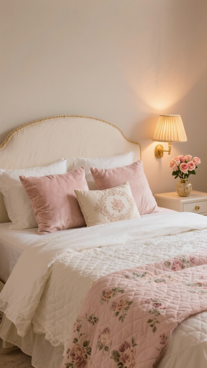 Photorealistic wide bedroom shot of a romantic bedscape: layered linen sheets in cream/blush, a quilted coverlet with faded floral pattern, Euro pillows in soft velvet plus one embroidered statement cushion; a bedside sconce with a pleated shade casting golden light; a small vase of roses on the nightstand; muted blush, cream, and gold palette; evening glow; straight-on composition centered on the bed.