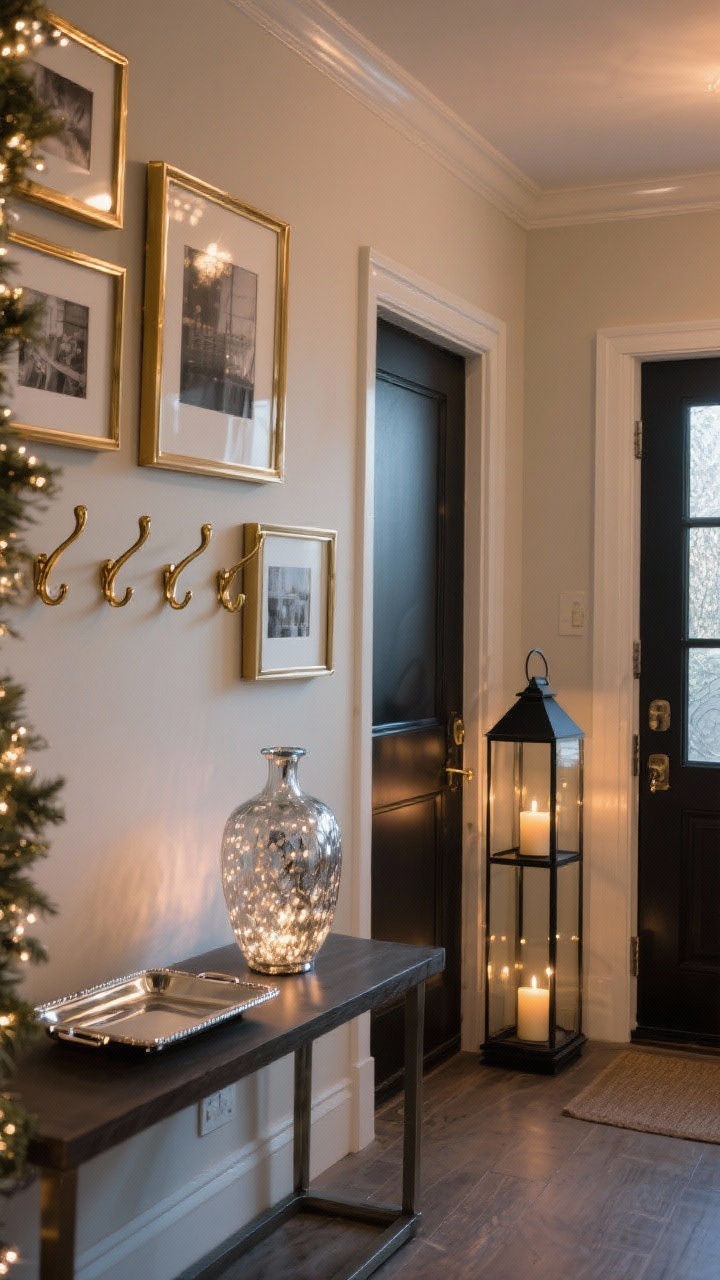 Photorealistic wide entryway scene with subtle grown-up sparkle: mixed metals including brass wall hooks, a satin nickel catchall tray on the console, a mercury glass vase catching light, and two tall black-framed lanterns with LED candles by the door; metallic-edged photo frames on the wall; warm ambient glow without holiday excess, evening mood, corner angle emphasizing shimmer and depth