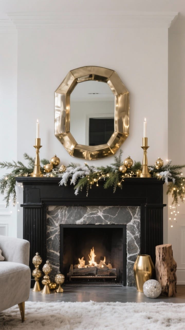 Photorealistic wide shot, luxe metallic mix: mantel styled with brass and champagne silver, grounded by black accents. One metallic mirror above, two metallic candleholders, and small ornament clusters in brass/champagne tones. Balance with matte stone and raw wood objects. Warm white fairy lights tucked into greenery for a gentle glow, not glare; sophisticated winter ambience.