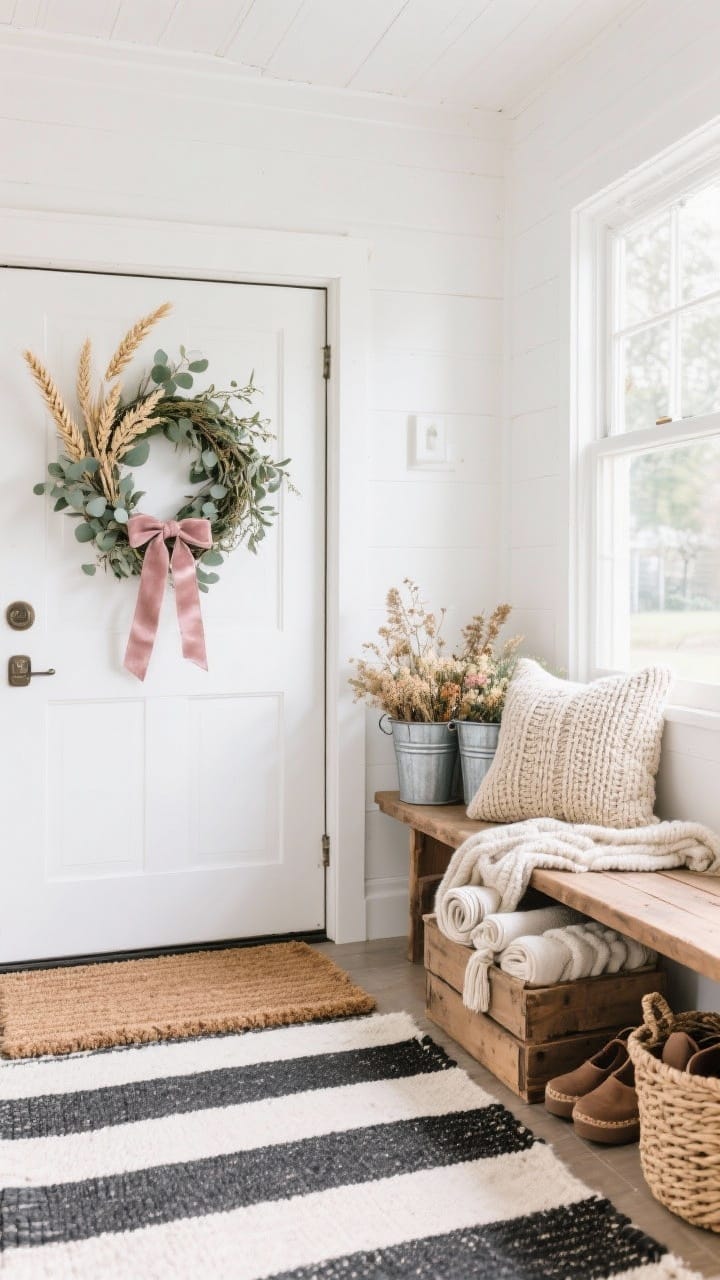 Photorealistic wide shot of a bright farmhouse entryway: wheat or eucalyptus wreath on the door tied with a blush velvet ribbon, a coir doormat layered over a black-and-cream striped indoor/outdoor rug, a rustic wood bench with a chunky knit throw and a single hearty pillow, a wood crate with rolled blankets and galvanized buckets holding dried florals, and a woven basket for shoes; clean, inviting composition with natural daylight, organized and functional, no people.