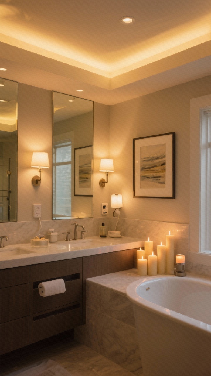 Photorealistic wide shot of a serene bathroom with layered ambient lighting: 2700K warm bulbs in sconces flanking a mirror, a plug-in sconce near a vanity, a battery-operated picture light above framed art, and a cluster of unscented pillar candles with one scented candle near the tub; overhead light dimmed, golden flattering glow, reflective surfaces softly illuminated.