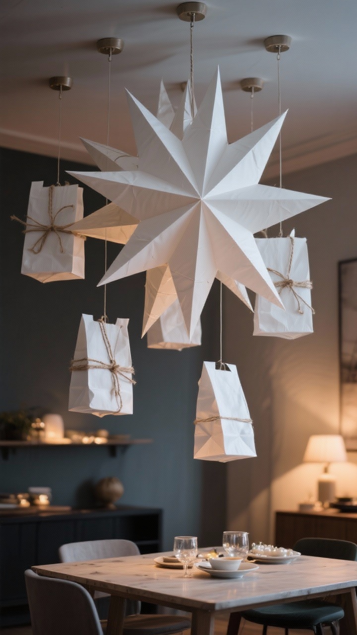 Photorealistic wide shot of a statement ceiling cluster: large Nordic paper stars made from stacked paper lunch bags, cut with soft V and curved tips, fanned open and tied with twine; a few lightly misted with matte white/pearl for a luxe finish; suspended at staggered heights from invisible hooks over a dining table, dusk light plus warm interior glow for dramatic shadows