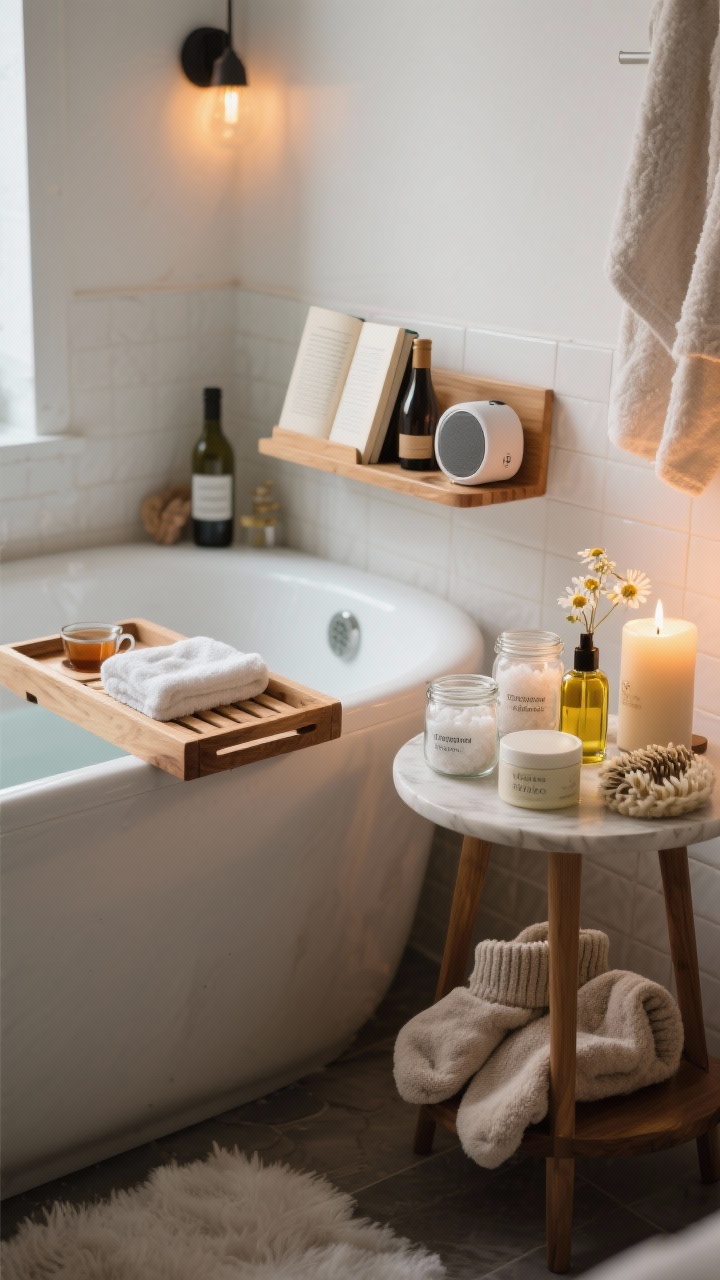 Photorealistic wide shot of a winter bath ritual station ready for soaking: a wooden bath caddy holding a book stand, a slot for wine or tea, a small towel for hands, and a compact waterproof speaker; nearby, jars of Epsom salts, magnesium flakes, and chamomile or neroli oil; post-bath body oil and thick balm set on a small side table with cozy socks and a soft hair towel; warm candlelight and ambient glow.
