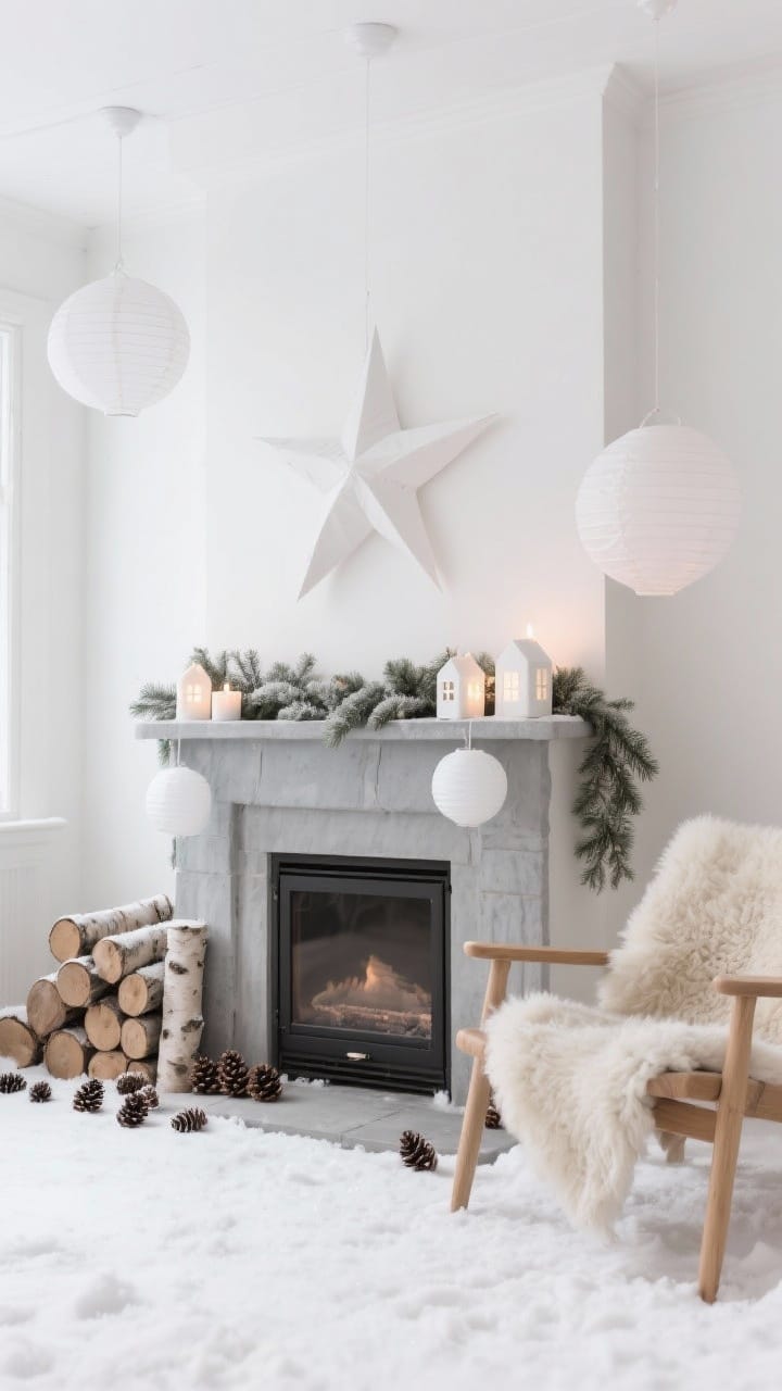Photorealistic wide shot, Scandinavian snow day: white walls, light oak mantel, soft gray accents. Minimal faux fir garland, birch logs stacked nearby, scattered pinecones. Paper star lanterns hanging and white ceramic house tea lights glowing softly on the mantel. Matte finishes, rounded shapes, calm hygge ambience; include a sheepskin draped over a nearby chair in frame.