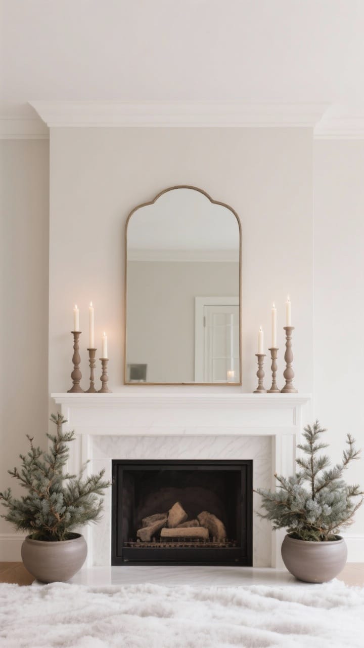 Photorealistic wide, straight-on view of a symmetrical winter mantel: centered statement mirror above, flanked by matching candlesticks on both sides with mixed heights and candles in ivory and taupe. Two matching low arrangements of juniper clippings in matte ceramic bowls sit at the outer edges. Neutral wall, subtle warm white lighting for polished but cozy mood, crisp balance and tidy composition.