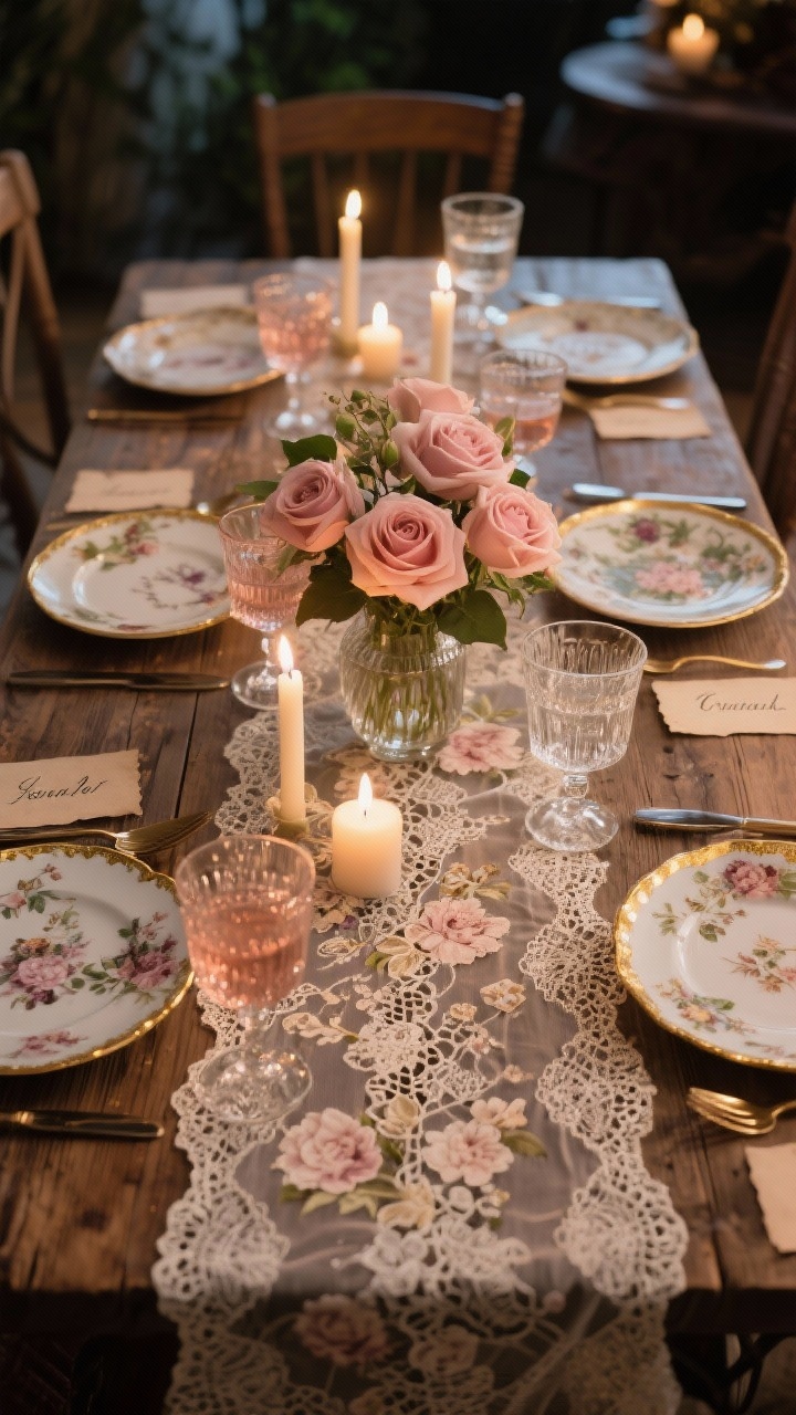Photorealistic wide tablescape of a lace-trimmed romantic dinner: a vintage lace runner over raw wood, mismatched floral china with gold rims at each setting, crystal goblets for water and rosé catching soft candlelight; tea-stained place cards with fountain-pen style names; low vase of garden roses in blush and dusty rose tones; unscented taper candles; warm, intimate evening ambiance; overhead three-quarter angle to showcase textures.