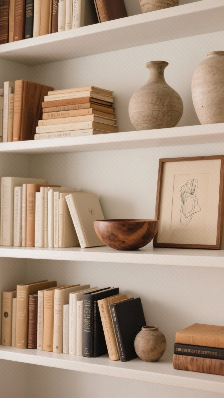 Straight-on bookshelf styling: calm, curated shelves with books in soft cream, sand, camel, charcoal, and warm wood tones; varied heights with horizontal and vertical stacks, textured pottery, a vintage wood bowl, and a small framed sketch; use odd-number groupings and negative space; some books turned with spines inward for a soothing look; gentle ambient lighting, photorealistic.