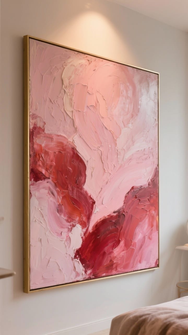 Straight-on closeup of romantic artwork: one oversized canvas with abstract pinks and reds, subtle texture visible in the paint and canvas weave; framed in thin brass for a gallery-worthy look; minimal wall around it to let the piece breathe; warm ambient lighting enhancing depth and romance.