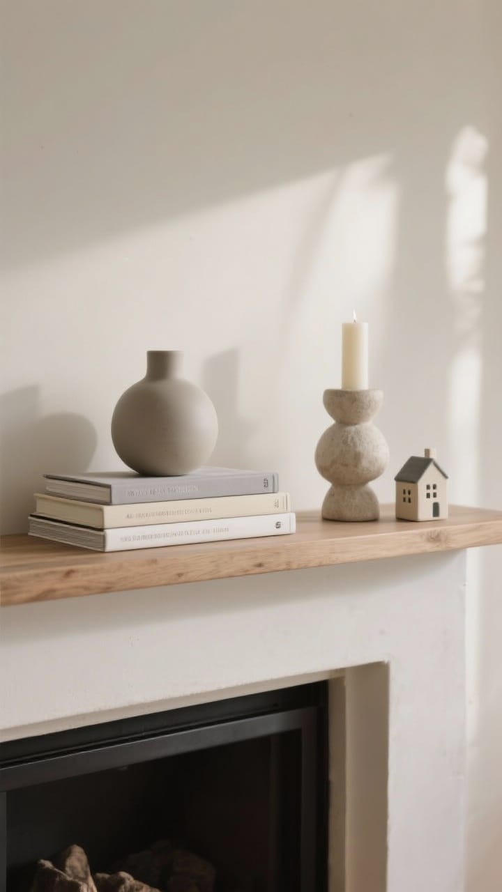 Straight-on detail shot of a minimalist, low-profile mantel stack: a few neutral-toned books (cream and gray spines), a small matte ceramic vase, and two tiny ceramic house sculptures; repeated tones of cream, gray, and natural wood; a single sculptural chunky candleholder adds personality; soft afternoon light for a calm, curated look, photorealistic.
