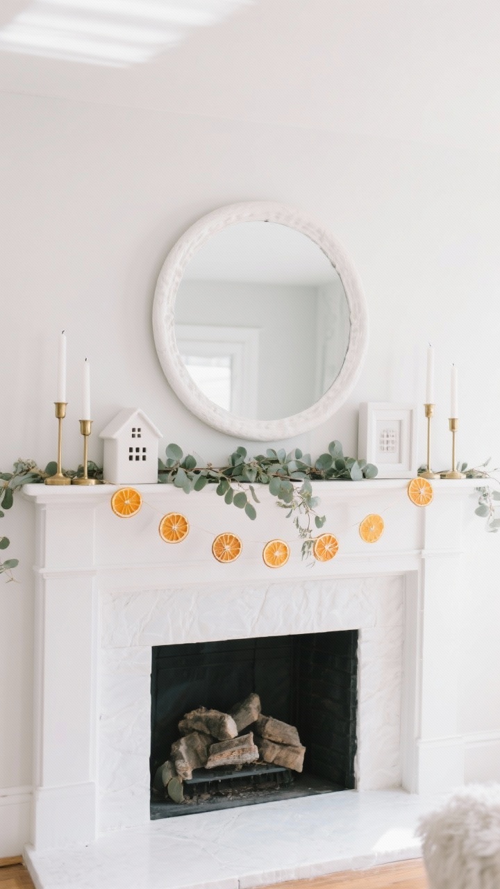 Straight-on mantel scene: a large round white mirror centered above a white mantel, flanked by minimalist white ceramic houses and simple white frames; brass and white candlesticks in varied heights add movement; a delicate garland of dried orange slices weaves across the mantel with sprigs of eucalyptus for a hint of green; palette held to white, orange, soft green, and metallics; bright but diffused winter light for a fresh, chic tone.