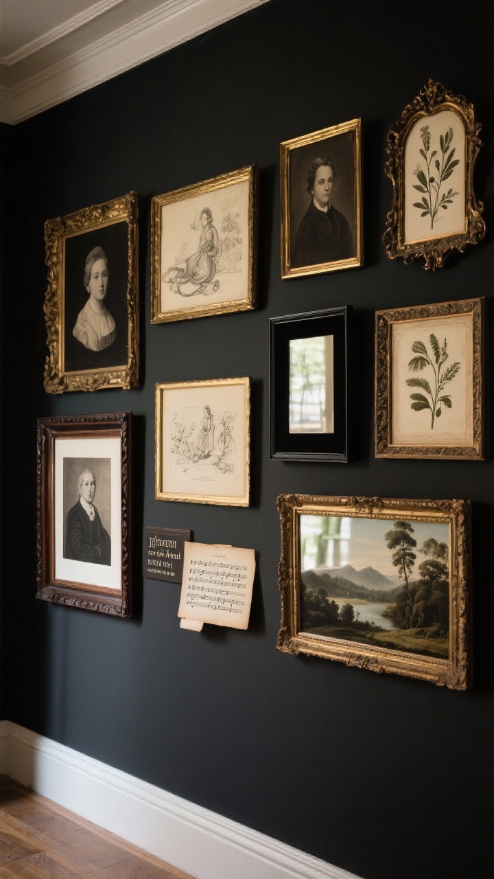 Straight-on medium shot: A gallery wall composed of vintage-style portraits, botanical prints, classical sketches, and moody landscapes in mixed ornate frames—gold, black, and dark wood; layered beveled-edge mirrors reflecting warm light; a small letterpress quote and a piece of sheet music tucked among the frames; matte dark wall as backdrop, photorealistic.