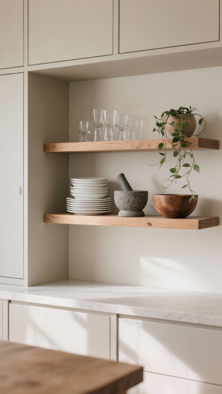 Straight-on medium shot: Edited open shelving—two thick floating oak shelves with minimal styling: stacks of white plates, clear glassware, a stone mortar, a wood bowl, and a trailing plant in a simple crock; surrounding closed cabinetry in neutral tones; soft natural light for a relaxed modern feel.