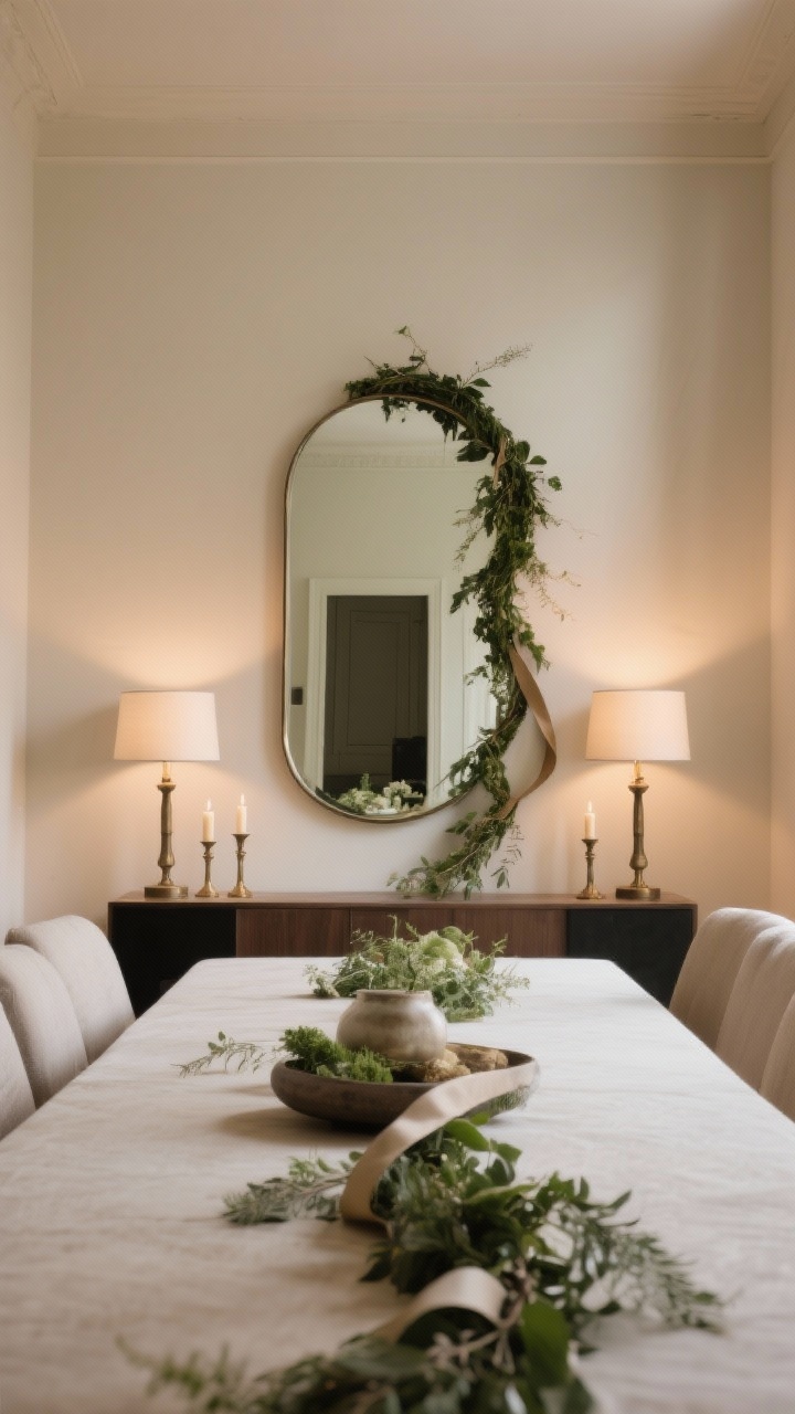 Straight-on medium shot emphasizing symmetry with a twist: matching lamps or candlesticks flanking both ends; a single standout centerpiece (large mirror) centered; an organic, asymmetric greenery garland or trailing ribbon crossing one side to soften the symmetry; balanced but relaxed arrangement; warm, even lighting; photorealistic.
