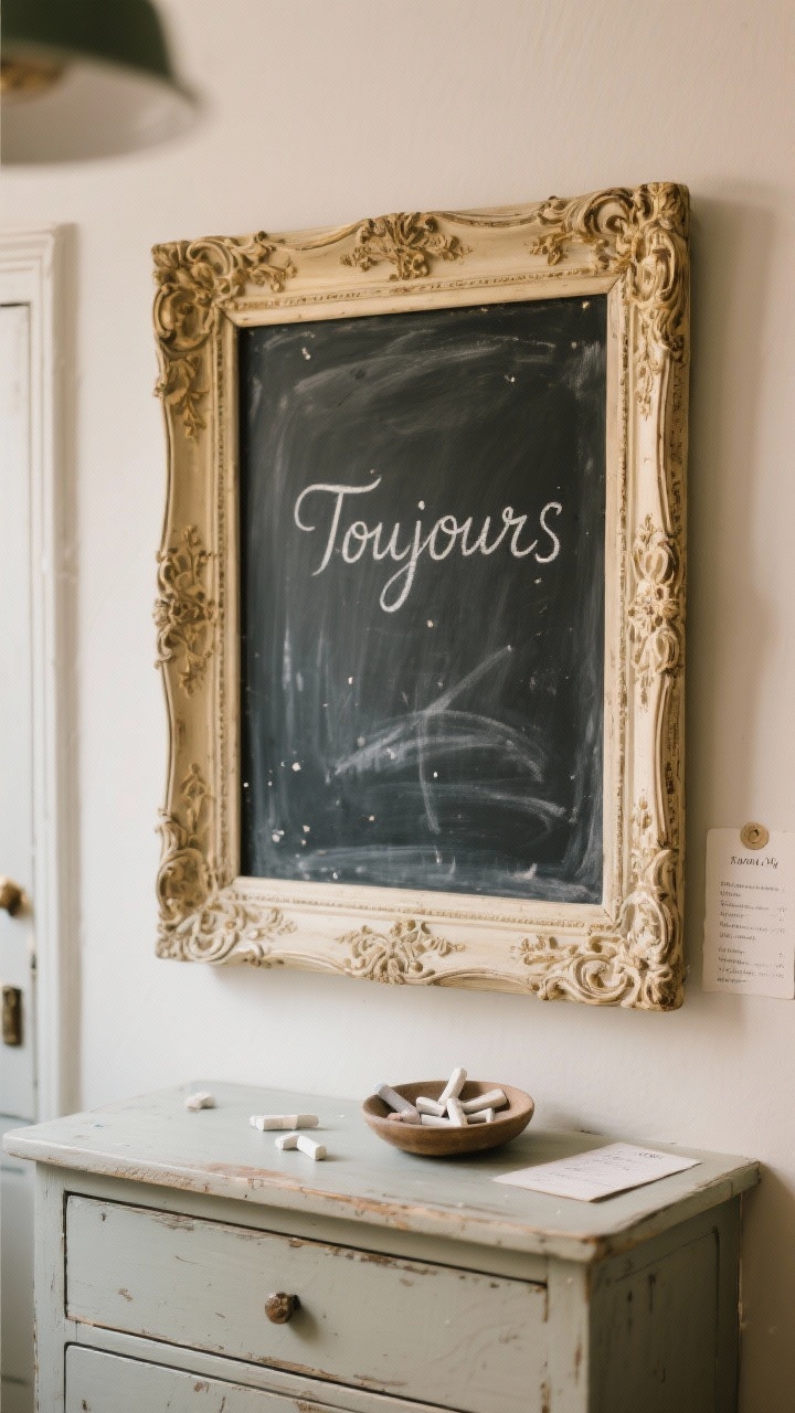 Straight-on medium shot of a carved ornate frame (antique gold or creamy) around a chalkboard panel on a kitchen wall or entry console. Written in chalk: “Toujours” in elegant French script. Include chalk dust smudges, a small dish with chalk pieces, and optional corner notes like a simple dinner menu. Neutral backdrop, soft ambient light to bring out frame carving and chalk texture; Paris flea market feel.
