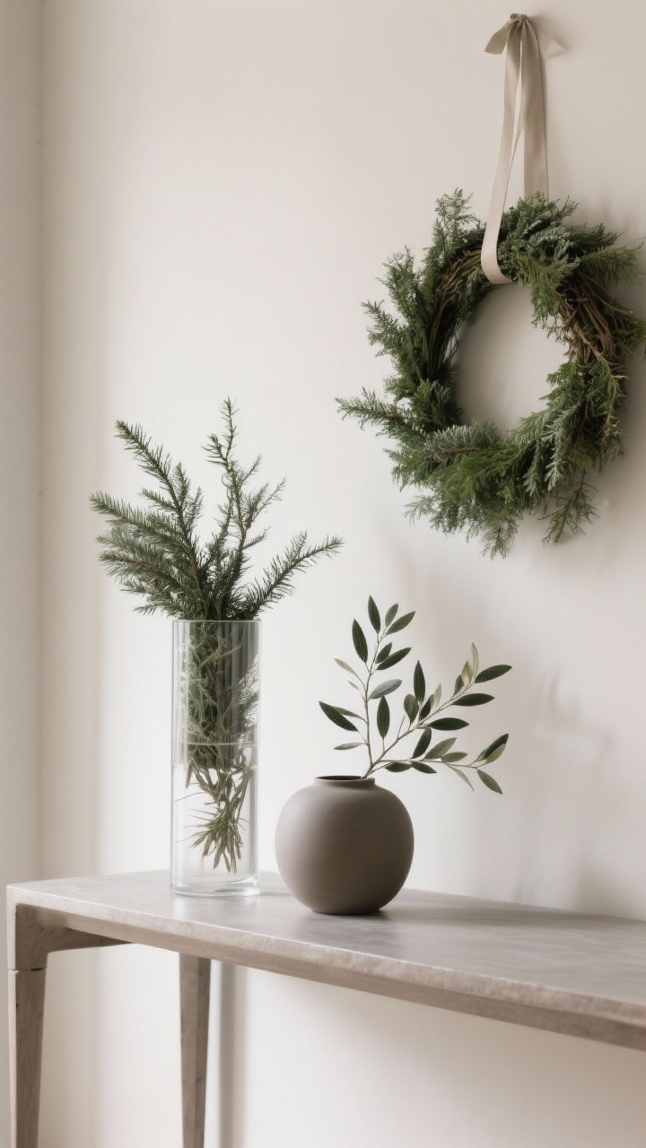 Straight-on medium shot of a console table vignette with simple, sculptural winter greenery: a tall clear cylinder vase holding evergreen clippings, a separate matte ceramic vessel with preserved eucalyptus, and a single olive branch arrangement nearby; unadorned wreath of greenery with a thin ribbon hung above; neutral backdrop, clean lines, one arrangement per surface, soft natural daylight.