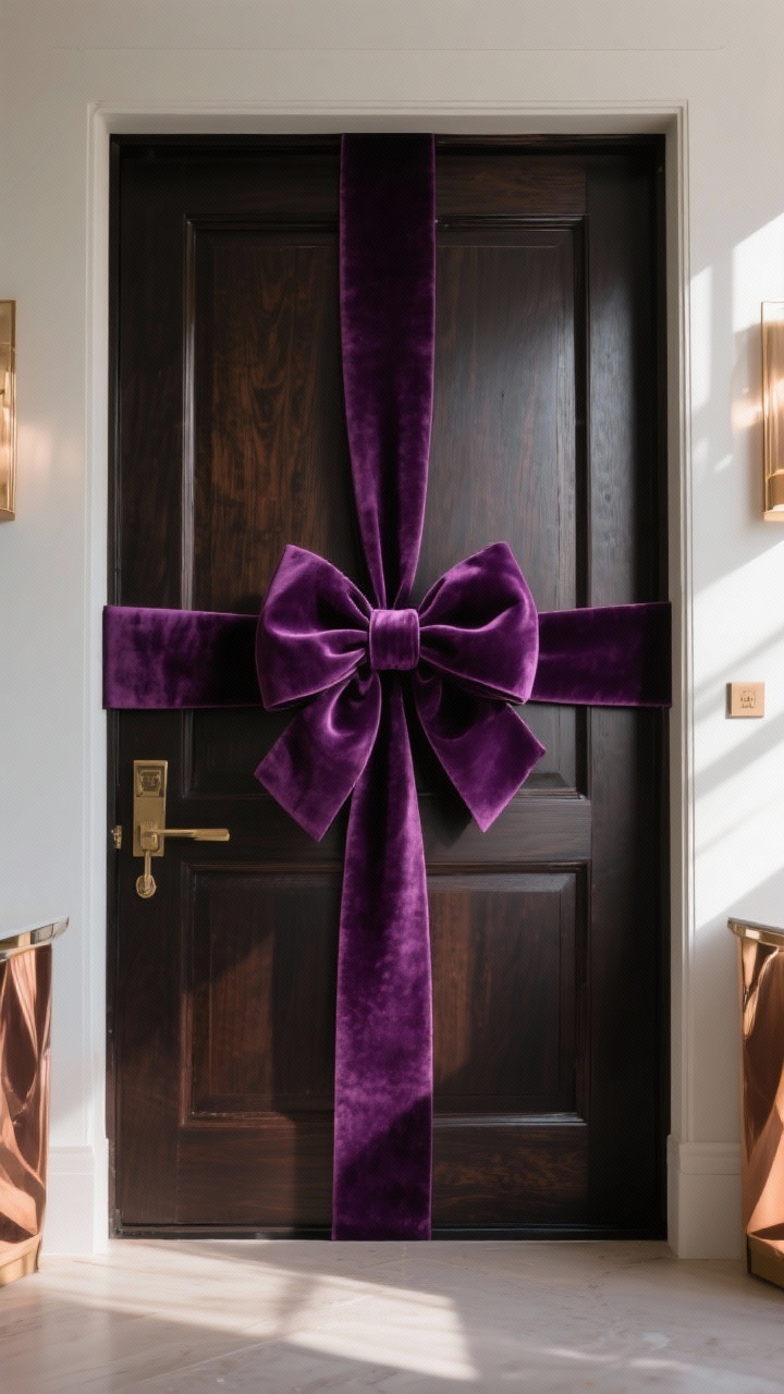 Straight-on, medium shot of a front door wrapped like a present with a giant bow. Wide velvet ribbon in deep plum crosses the door vertically and horizontally, anchored by an elegant oversized bow at center. The ribbon texture is plush and slightly light-absorbing. Alternative color cues present in scene accents (champagne or copper) but the main focus is the deep plum ribbon on a dark wood door, creating moody elegance. Soft natural daylight.