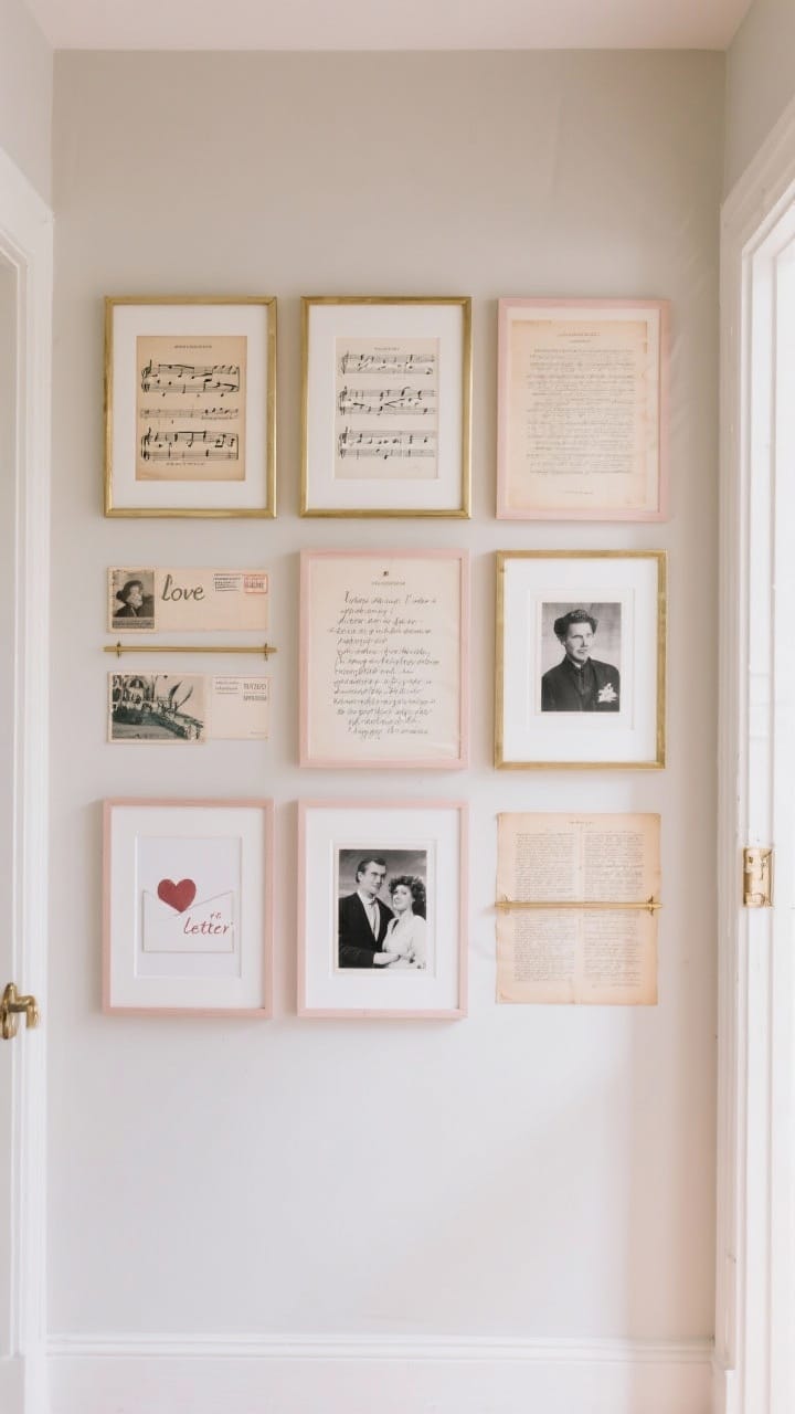 Straight-on medium shot of a “love letter” gallery wall in an entry: framed vintage postcards, sheet music, and pages from poetry books mixed with a couple of black-and-white candid photos; matching thin brass frames with white or blush mats; arranged in a clean grid for a modern-yet-romantic feel; neutral wall paint and gentle diffused daylight.