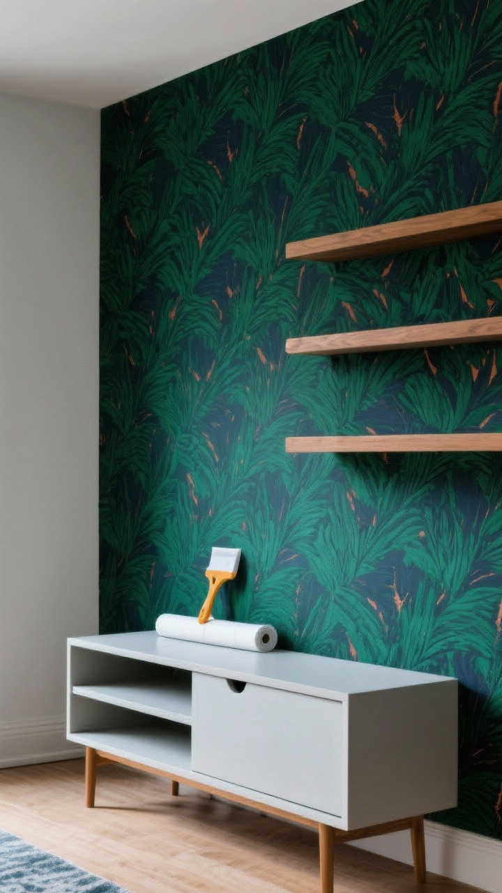 Straight-on medium shot of a renter’s accent wall transformed with peel-and-stick wallpaper in a deep green moody pattern; a plastic smoothing tool on a nearby console to hint at application; clean-lined furniture in front; optional shelves with the backs lined in the same wallpaper for depth; saturated winter tones (deep green, rust, navy accents); even, soft lighting; photorealistic.