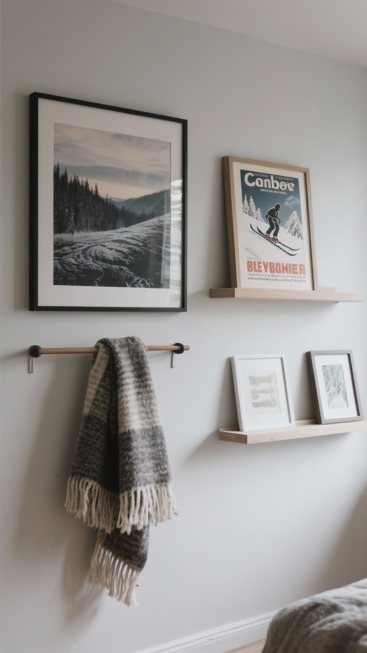 Straight-on medium shot of a rotating winter art wall: moody landscape print, abstract textured print, and a vintage ski poster in existing frames; a wool scarf or blanket hung as textile art on a removable rod; picture ledges with leaning frames to allow easy swaps; muted winter palette; even diffused light; photorealistic.