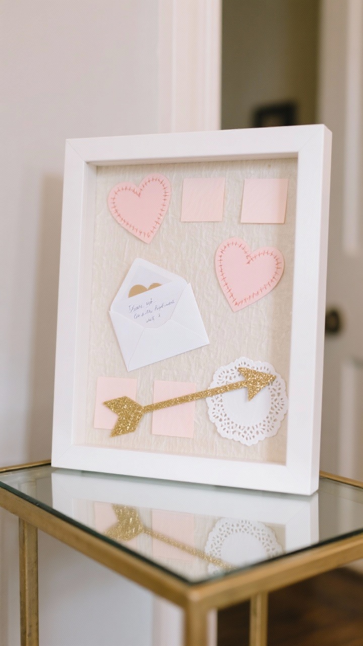 Straight-on medium shot of a shadowbox love notes display: a white frame with an ivory textured paper background; layered elements include stitched paper hearts, a tiny paper envelope with a handwritten note peeking out, delicate paper doilies, and a glittery gold arrow; foam adhesive squares create multiple depths; tight palette of blush, ivory, and gold; propped on an entry table with subtle reflections in the glass for a museum-worthy finish