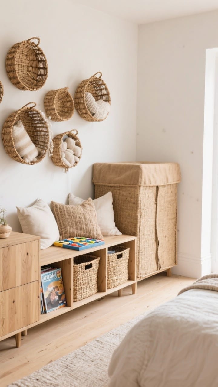 Straight-on medium shot of a storage wall highlighting basket styling: round rattan baskets filled with throws and pillows on the floor, rectangular water hyacinth baskets on a low shelf holding magazines and board games, and large lidded jute baskets neatly tucked for hidden bedding; natural tones coordinated with light oak wood furniture; clean, cohesive look in soft daylight.