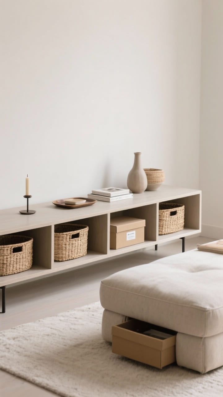 Straight-on medium shot of a styled console and coffee table showing edited visual clutter: each surface limited to 3–5 items—perhaps a candle, a small vase, a tray, and a book; closed storage visible as lidded baskets and an ottoman with hidden compartment; a labeled box on a lower shelf; open negative space around decor, calm and intentional, clean lines, soft neutral tones.