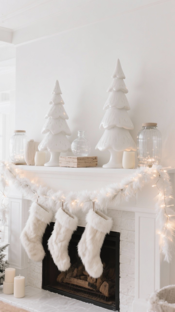 Straight-on medium shot of an all-white winter wonderland mantel: white ceramic trees, frosted glass vessels, bleached wood accents; clear fairy lights woven through a white garland; faux fur stockings and a fluffy mantel runner; subtle mix of matte and glossy finishes; a few creamy ivory accents to warm the look; gentle warm-white glow; photorealistic.