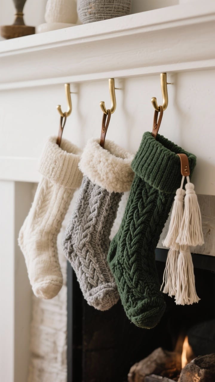 Straight-on medium shot of stockings styled in wintery tones: cream, oatmeal, gray, and deep green stockings in cable-knit, boucle, sherpa, and linen with fringe; sleek brass hooks and leather loops for an elevated look; pared-back mantel decor to keep focus on texture; soft ambient light enhancing fabric weaves, photorealistic.