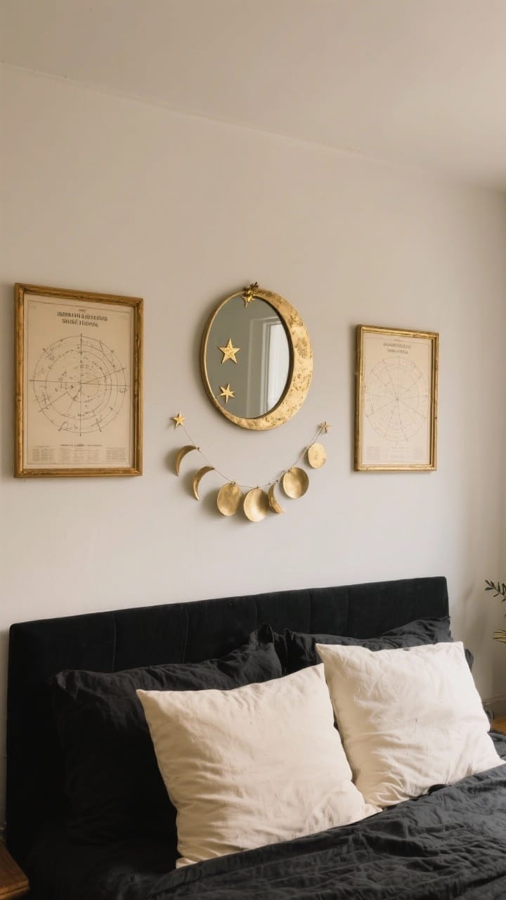 Straight-on medium shot of the wall above a bed: a brass moon phase garland centered as a focal point, flanked by framed printable astrology posters in antique gold frames; a thrifted mirror with subtle gold-leaf star details catching light; palette limited to black, cream, and gold; bed in charcoal with cream pillows; balanced, cosmic mood under gentle warm lighting.