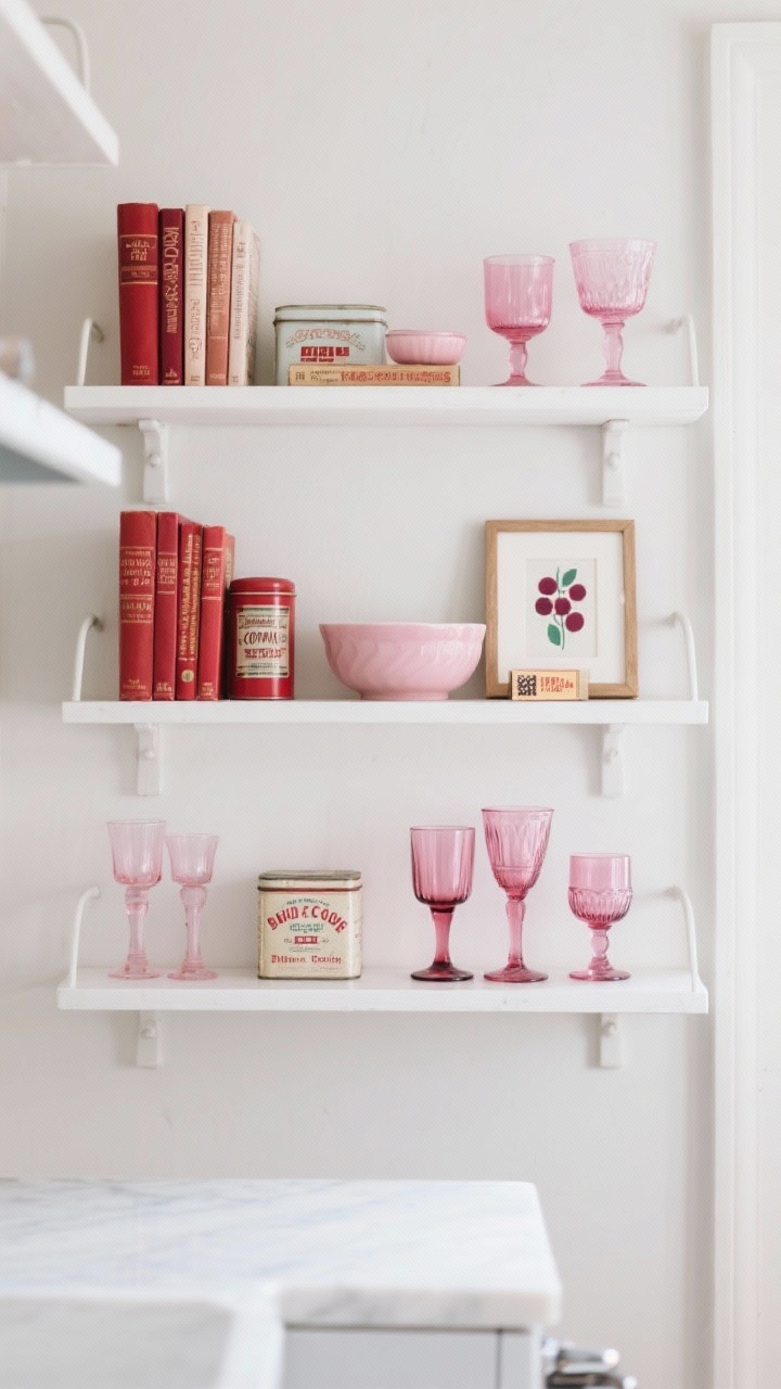Straight-on medium shot: Open kitchen shelves curated with a tight palette—pink glassware, red-spined cookbooks, vintage tins, and a small framed matchbox print leaned against the wall; groupings in threes (books + bowl + art), repeated blush and berry tones echoing across shelves; crisp, even daylight for a clean, styled look.