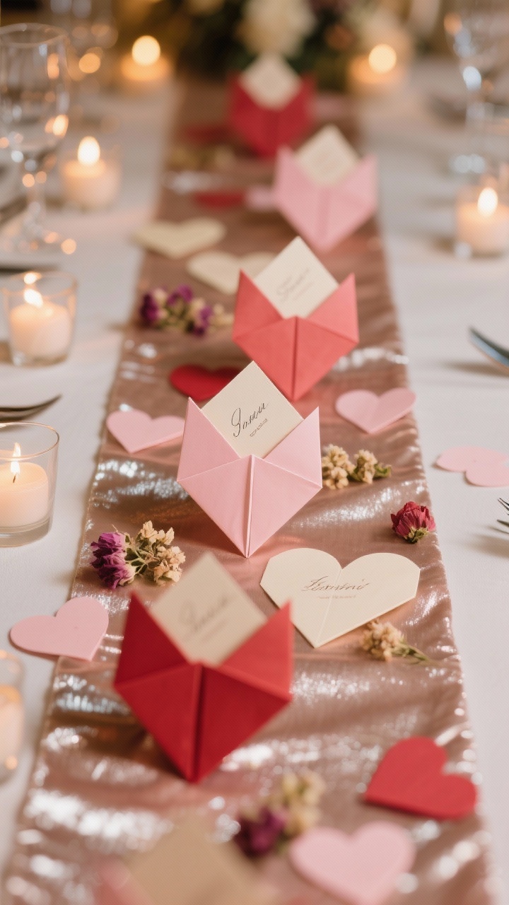 Tabletop closeup of origami hearts used as confetti and place cards: 3-inch squares folded into upright hearts with a small pocket on the back; mix of matte and pearlescent papers in soft pinks, reds, and creams; tiny dried flowers and folded notes tucked into pockets; guests’ names written neatly in fine liner; arranged along a fabric runner with warm tea lights creating delicate reflections on pearlescent surfaces