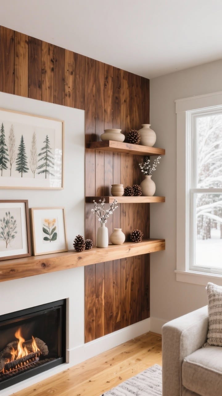 Wide angle corner shot: an accent wall with peel-and-stick warm walnut slats, paired with matching wood floating shelves styled with neutral ceramics, pinecones, and winter stems in simple vases; a picture ledge below holds rotating seasonal art; cool winter daylight from a side window balanced by the warm wood tones (walnut and honey oak) for a hot-cocoa-by-the-fire feeling.