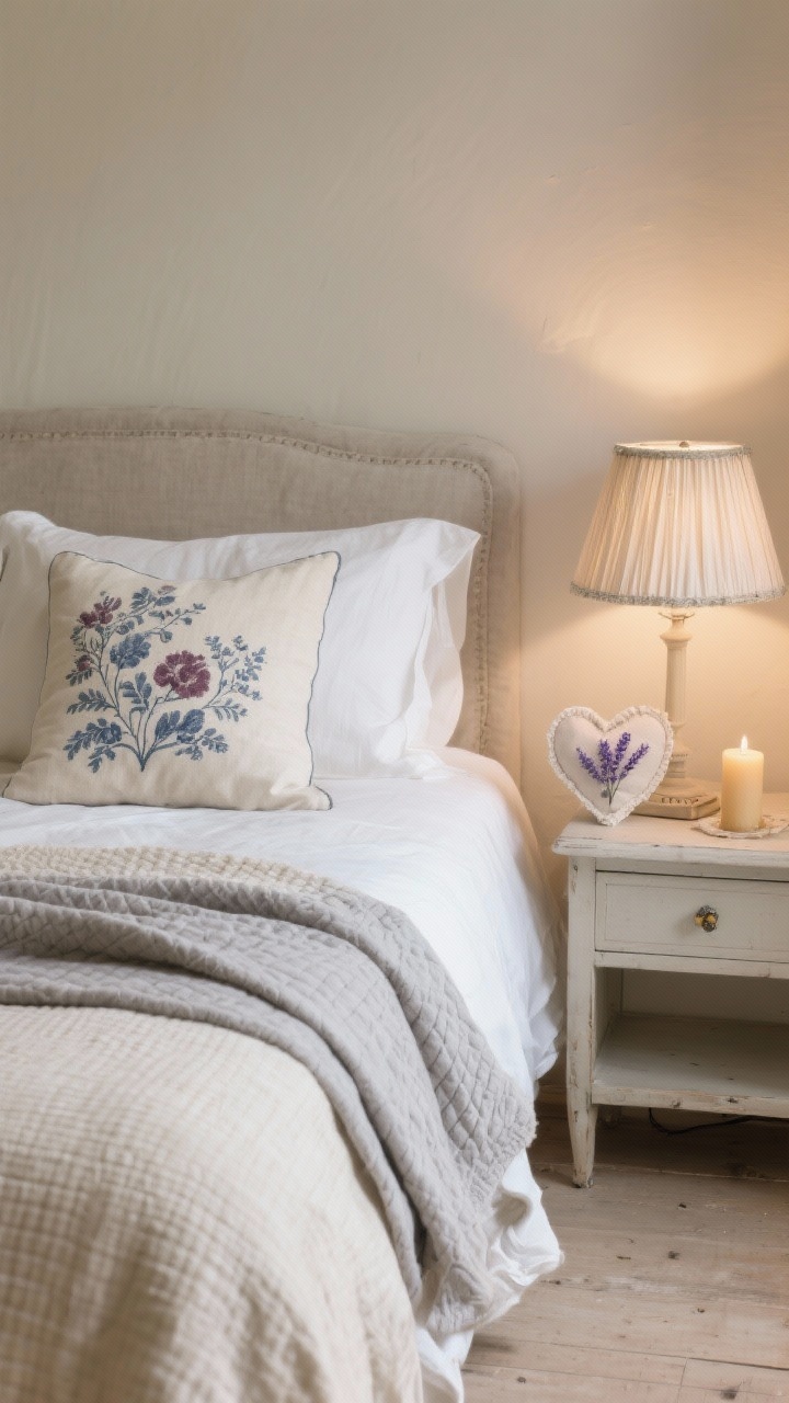Wide bedroom bedscape: washed linen sheets in ivory/flax, stone-colored quilt folded at foot, a light waffle blanket layered. One accent pillow in muted vintage floral/toile (faded berry or slate blue). On the nightstand, a heart-shaped lavender sachet, a pleated lampshade, and a beeswax taper candle. Soft, warm bedside lighting for a whisper-soft, cozy French country mood; subtle textures showcased.