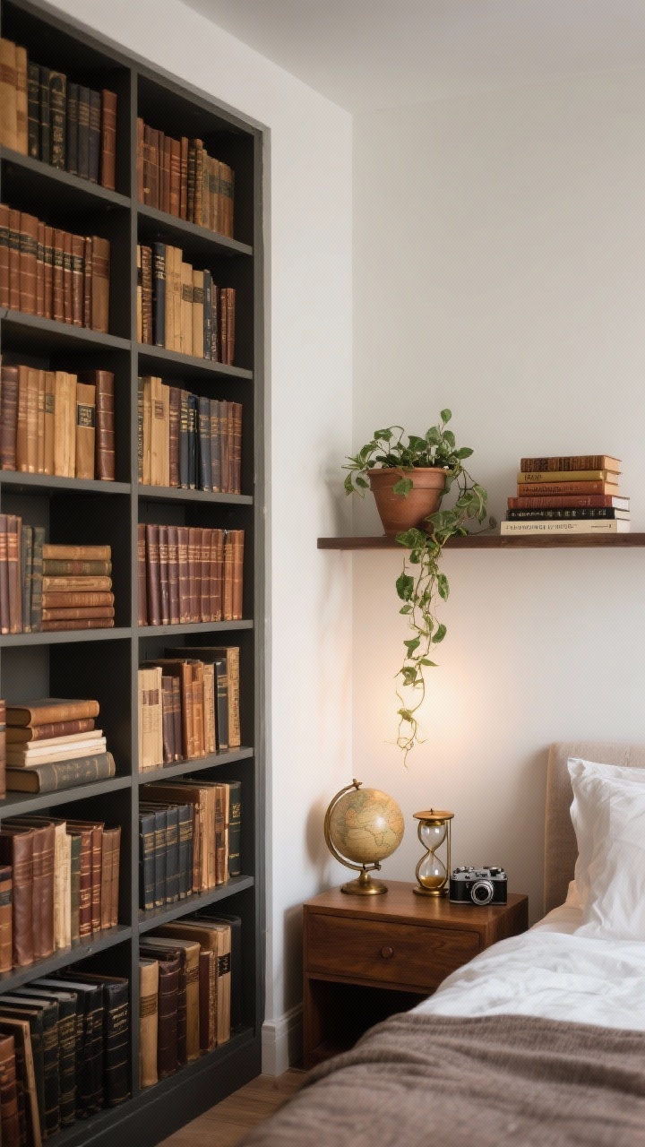 Wide corner angle: Library vibes with open bookcases filled with leather-bound and cloth-covered editions, arranged in vertical stacks, horizontal piles, and a few front-facing covers; vintage objects like a brass hourglass, a small globe, and an old camera mixed in; a narrow ledge shelf above the bed displaying featured spines; small stacks of books under a trailing plant pot for function and charm; soft ambient lighting.