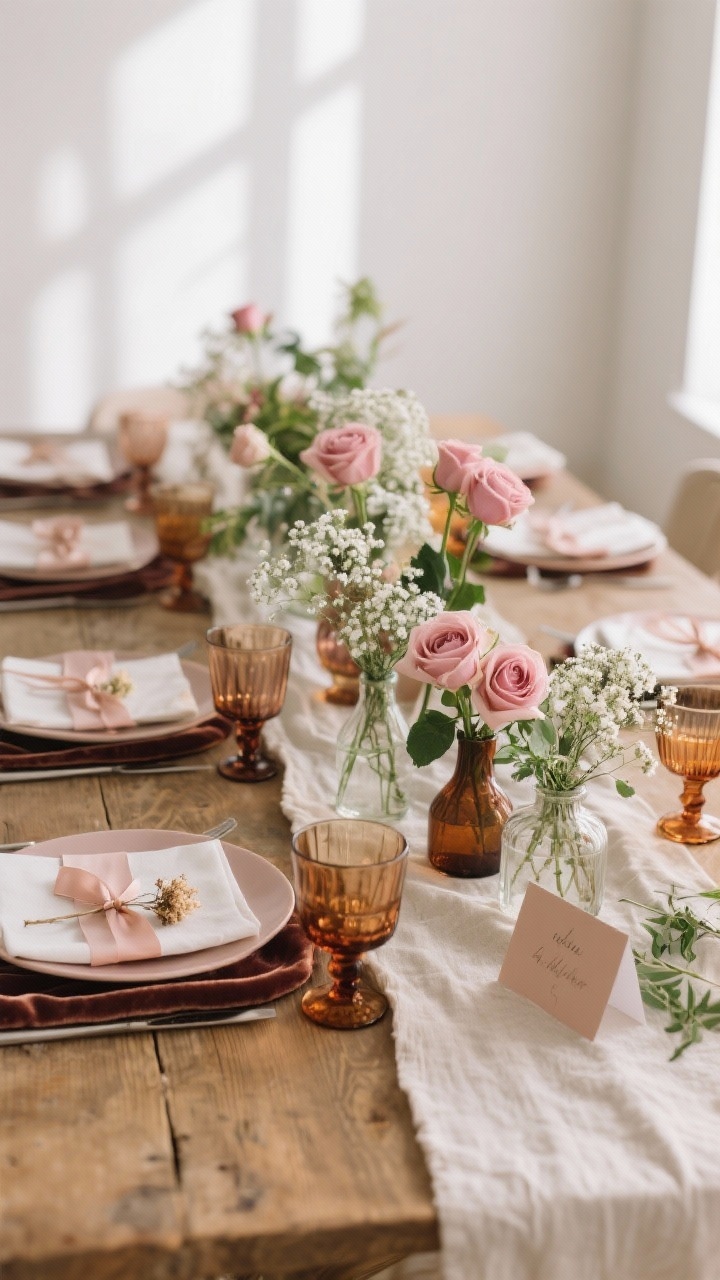 Wide dining table scene: a layered tablescape featuring a linen runner with velvet or satin placemats in contrasting textures, clusters of bud vases holding roses, ranunculus, baby’s breath with mixed greenery, mismatched glassware in rosy and amber tones, and place cards tied with ribbon and a tiny dried flower at each setting. Soft ambient light, airy and modern mood.