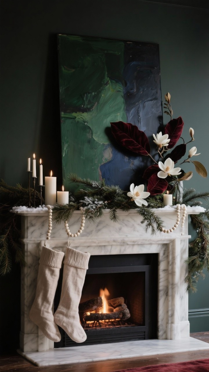Wide, dramatic mantel scene with a moody winter palette: deep green, charcoal, navy, and oxblood elements; a dark art canvas leaning as backdrop; white/ivory candles and bone-colored beads for contrast; pale linen stockings; juniper and magnolia foliage with velvety leaves; heavier colors up top, lighter decor brightening the hearth; low, warm lighting for drama; photorealistic.