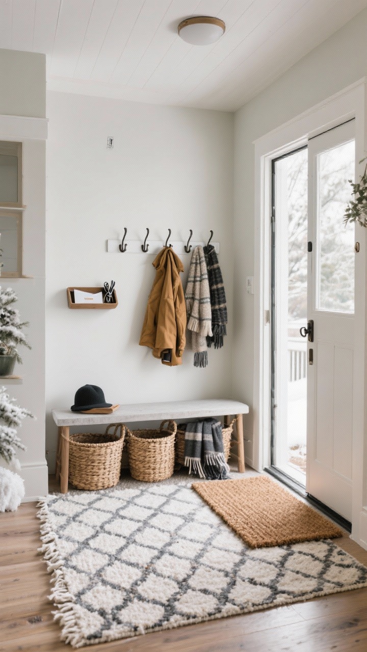 Wide entryway shot focused on winter function: coir doormat outside the threshold and a washable patterned rug just inside; a small bench with woven baskets underneath for hats and scarves; stylish adhesive wall hooks holding coats; a small tray on a console for keys and mail; practical, clutter-free feel; soft overhead plus natural light; photorealistic.