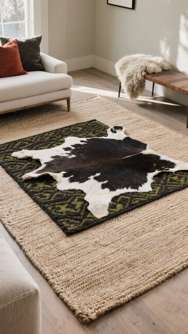 Wide living room floor focus: layered rugs for warmth—a large jute or flatweave base in oatmeal, topped with a smaller patterned wool rug in charcoal and moss tones, a cowhide layered casually, and a sheepskin placed beside a bench; colors whisper winter: oatmeal, charcoal, moss, rust; soft morning light raking across textures; low, slightly overhead angle.