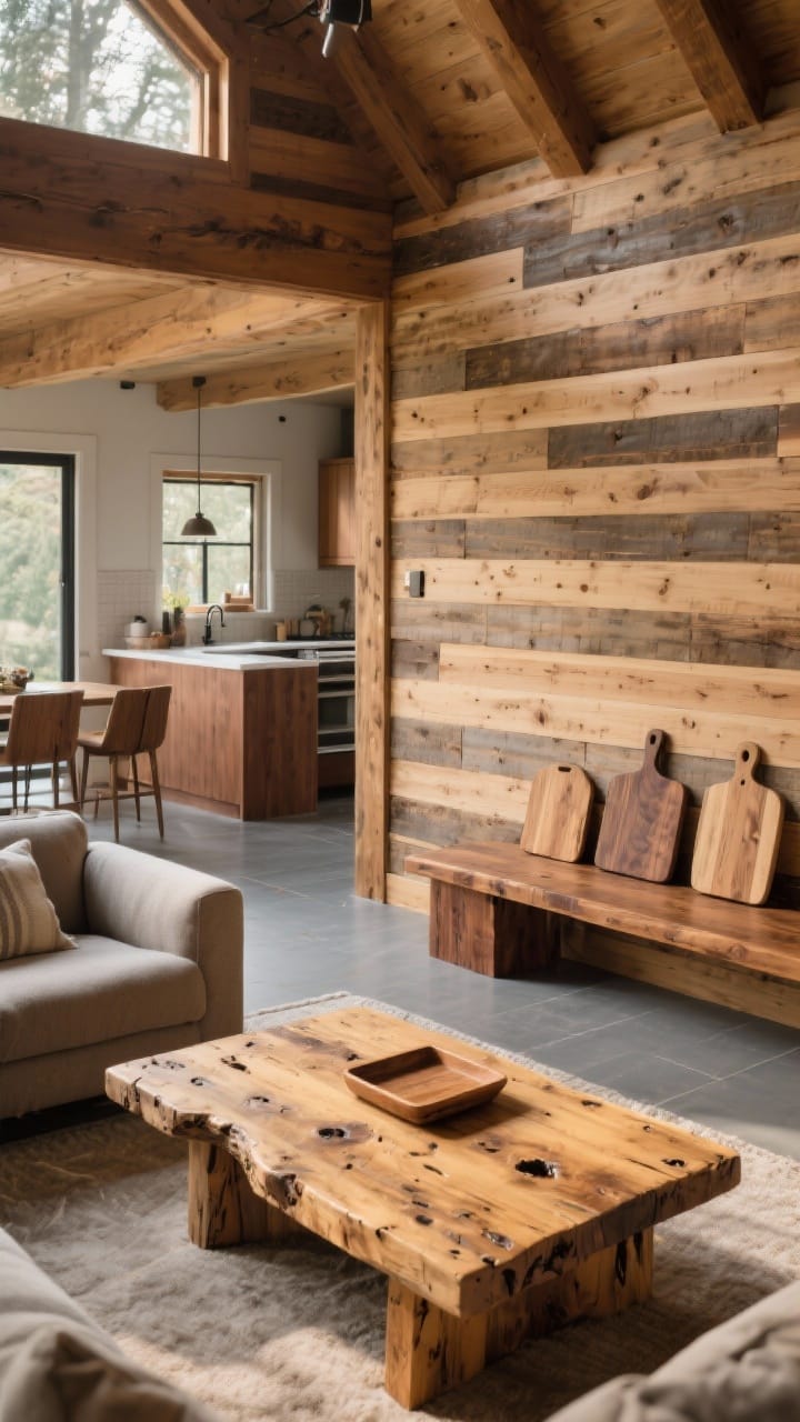 Wide living room shot: a cozy, cabin-inspired space with natural wood tones dominating—reclaimed wood coffee table with visible knots and grain, a honey-to-walnut toned wood bench in the entry, peel-and-stick wood plank accent wall, wood trays and cutting boards leaned on a kitchen counter in the background; cool gray floors balanced by warm walnut furniture; soft afternoon light, no people, photorealistic, straight-on angle.