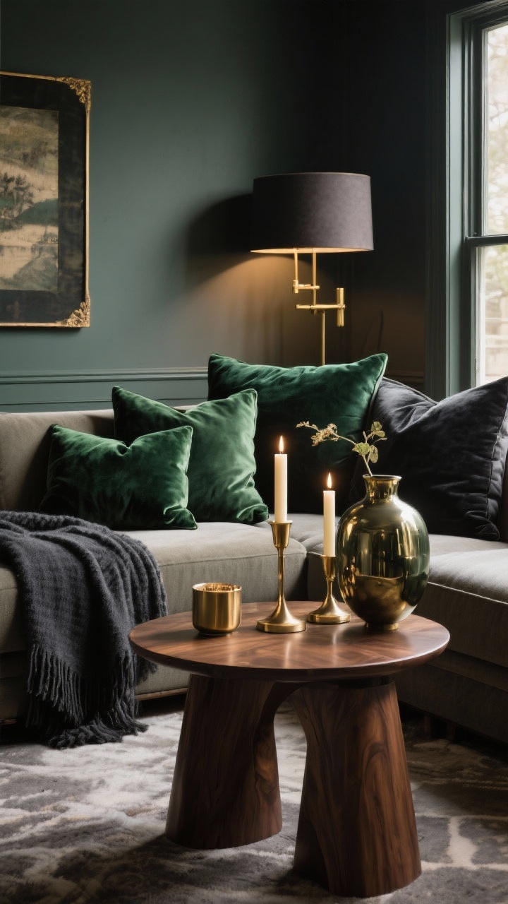 Wide living room shot showcasing a cohesive cozy color palette without paint: choose one palette (example: Moody Luxe—deep green pillows, charcoal throw, brass candleholders, walnut side table, velvet accents) repeated across pillows, throws, candles, and a vase; consistent metal accents (brass) in hardware and frames; warm layered lighting; photorealistic.