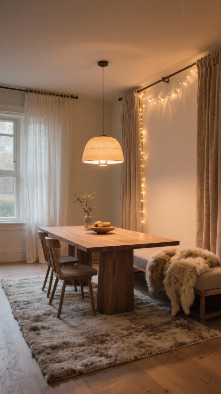 Wide room shot of the dining area framed with soft layers: a plush area rug under the table, a pendant light on a dimmer casting warm 2700K glow overhead, and subtle string or fairy lights woven along a curtain rod. A sheepskin throw draped over a bench adds snug texture. Cinematic, cozy ambiance with balanced warm lighting and gentle shadows, no people.