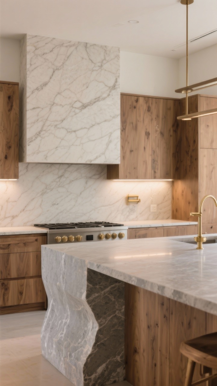 Wide shot: A kitchen island in honed soapstone with a dramatic waterfall edge, full-height slab backsplash in subtle-veined quartzite, ultra-thin countertop profile on perimeter, and oak cabinetry; seamless modern lines, soft indirect lighting highlighting the stone’s matte texture; brass accents subtly visible.
