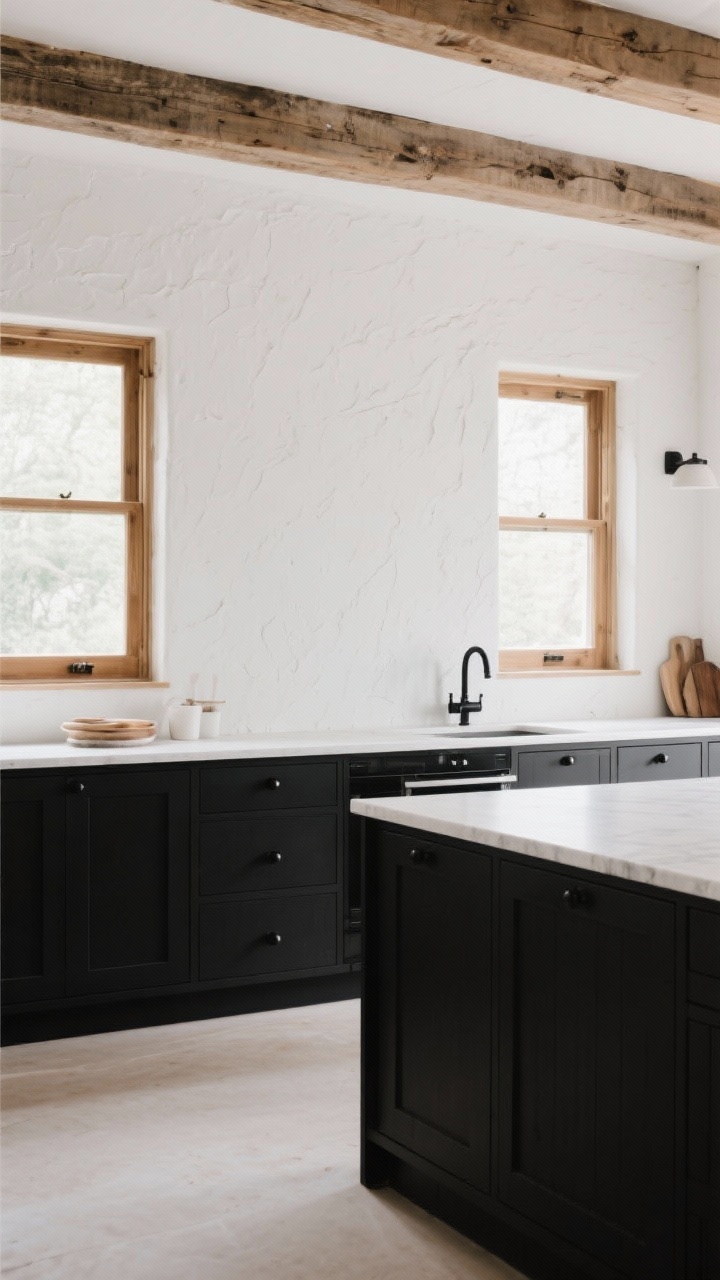 Wide shot: A rustic modern kitchen with crisp white plaster walls contrasted by ink-black lower cabinets and a moody black island, matte black hardware, white honed quartz countertops, and black-painted window trim framing warm wood tones; soft natural daylight, clean lines, high-end minimal styling, no people.