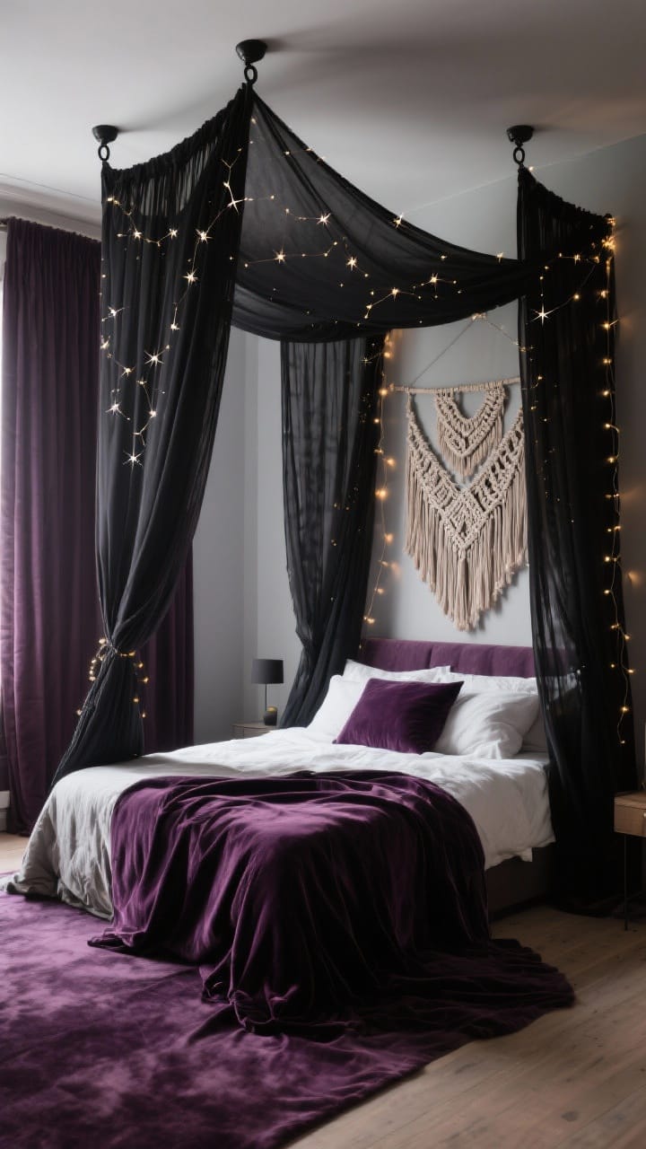 Wide shot of a bed with canopy and drapery: sheer black canopy panels hung from two ceiling hooks, softly pooling at the sides; fairy lights clipped inside to mimic constellations; floor-grazing velvet curtains in deep plum mounted high to elongate the room; a macramé tapestry hung behind the bed as a headboard hack; moody, enveloping ambiance with soft, diffused light.