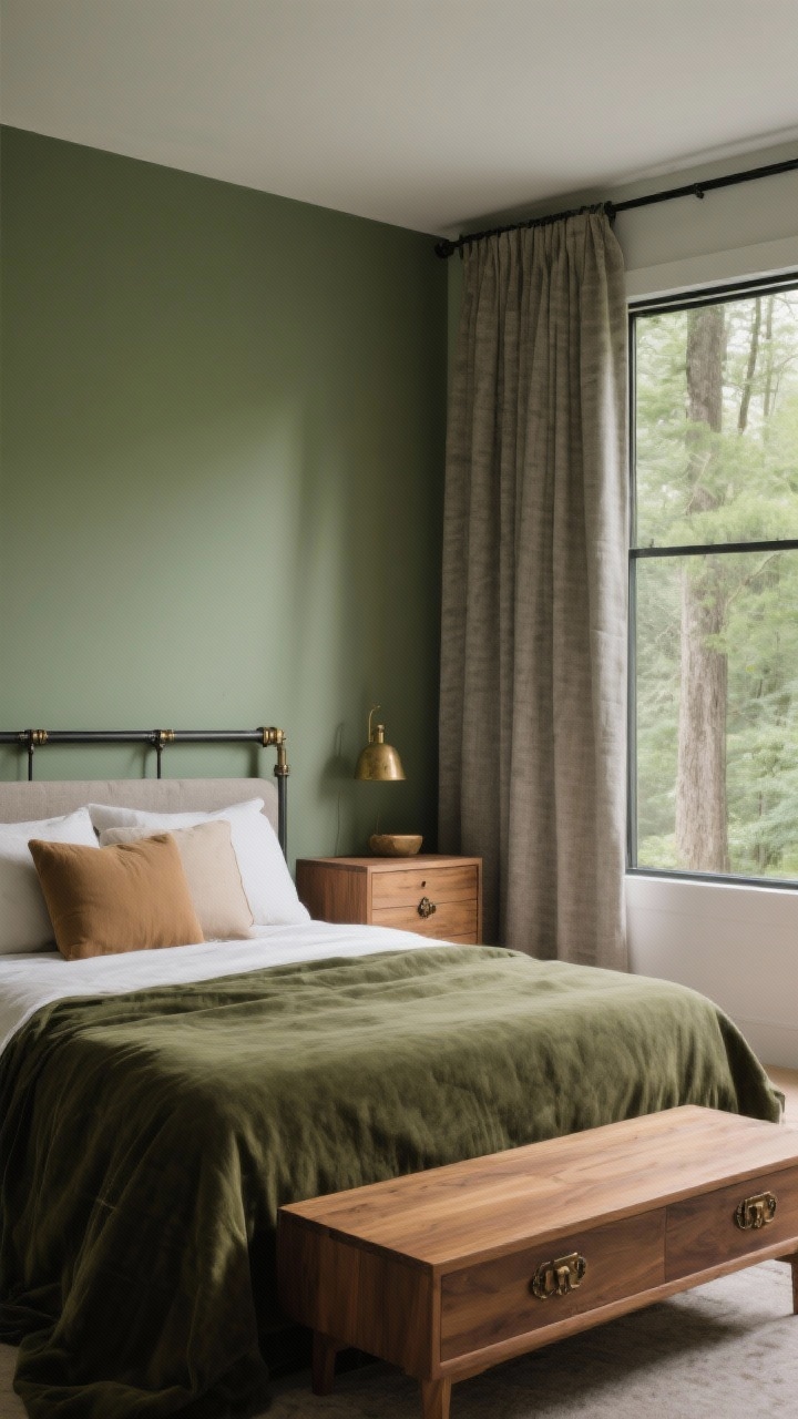 Wide shot of a calming bedroom anchored by an earthy color story: matte sage green walls, deeper olive textiles on the bed, warm wood tones in furniture, accents in mushroom, oatmeal, and camel. Include aged brass or antique bronze hardware on a simple dresser, blackened steel curtain rod with soft stone-colored curtains. Soft morning light, tranquil, modern forest vibe.