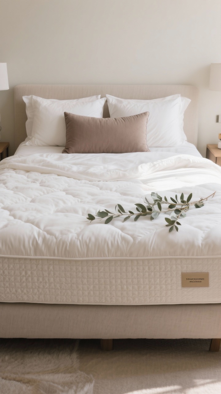 Wide shot of a cloud-worthy bed that feels boutique-hotel plush: a queen bed with a memory foam topper, lofty duvet, and a textured quilt folded at the foot in mushroom taupe; pillow strategy visible—two sleeping pillows, two Euro shams for height, and one long lumbar pillow centered; balanced loft and weight, with eucalyptus-based inserts suggested via a labeled tag on a pillow corner; soft morning light, neutral palette, minimal clutter, straight-on symmetrical composition.