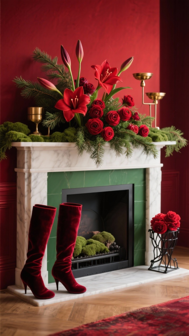 Wide shot of a designer red-and-green mantel: tonal deep crimson, wine, and berry reds paired with forest and moss greens; amaryllis or ranunculus in deep red arranged with cedar sprigs; metals unified—only brass or only black iron throughout; velvet stockings in a rich complementary hue; avoid neon reds; warm, elegant lighting; photorealistic.